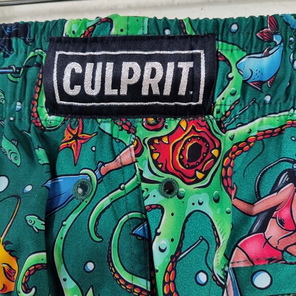 CULPRIT Get It Green Kraken Tattoo Style Print Mens Swim Trunks Board Shorts M - Picture 3 of 11